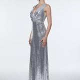 Sequin Long Evening Dress with Back Decollete Detail - 9201C