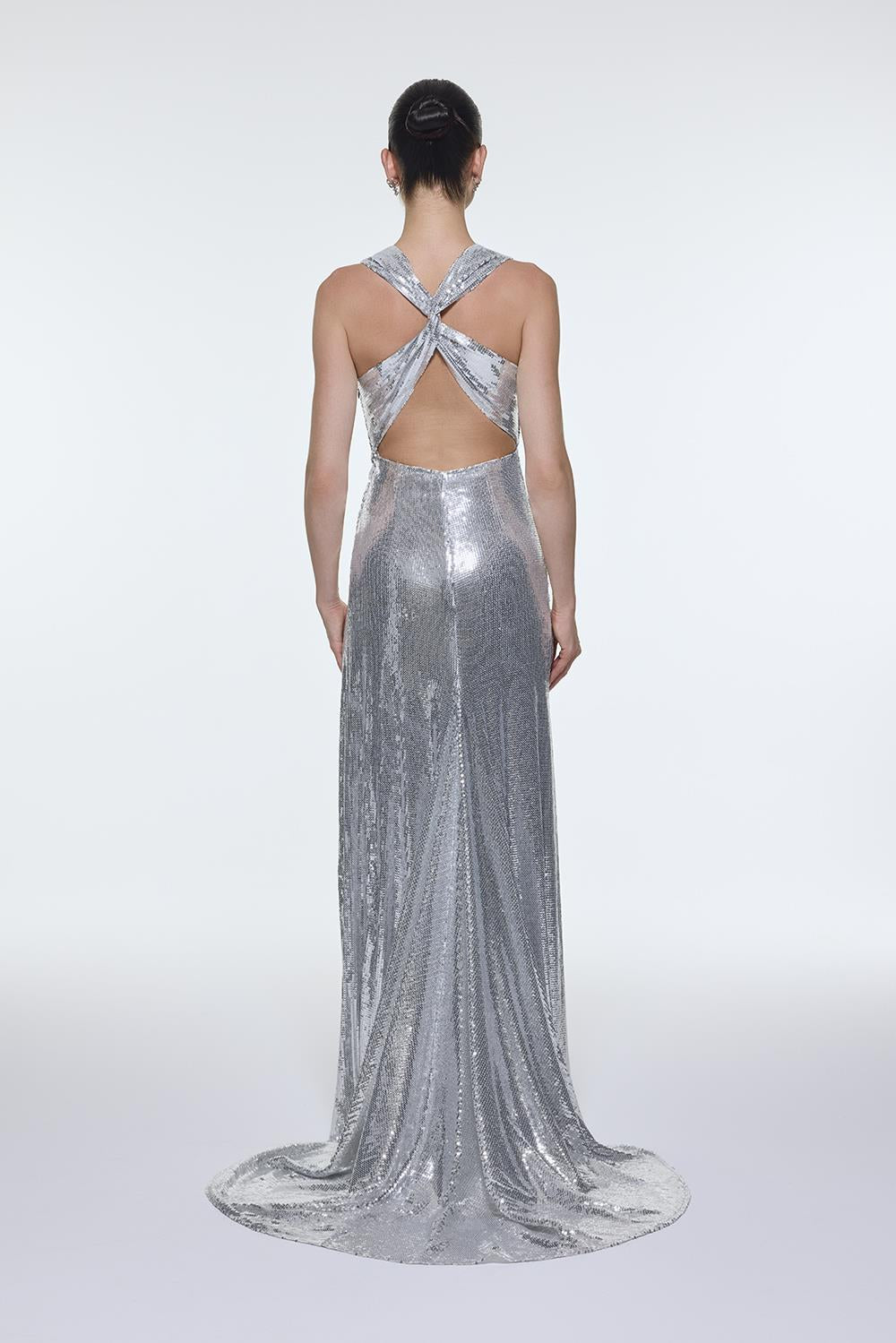 Sequin Long Evening Dress with Back Decollete Detail - 9201C