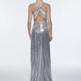 Sequin Long Evening Dress with Back Decollete Detail - 9201C