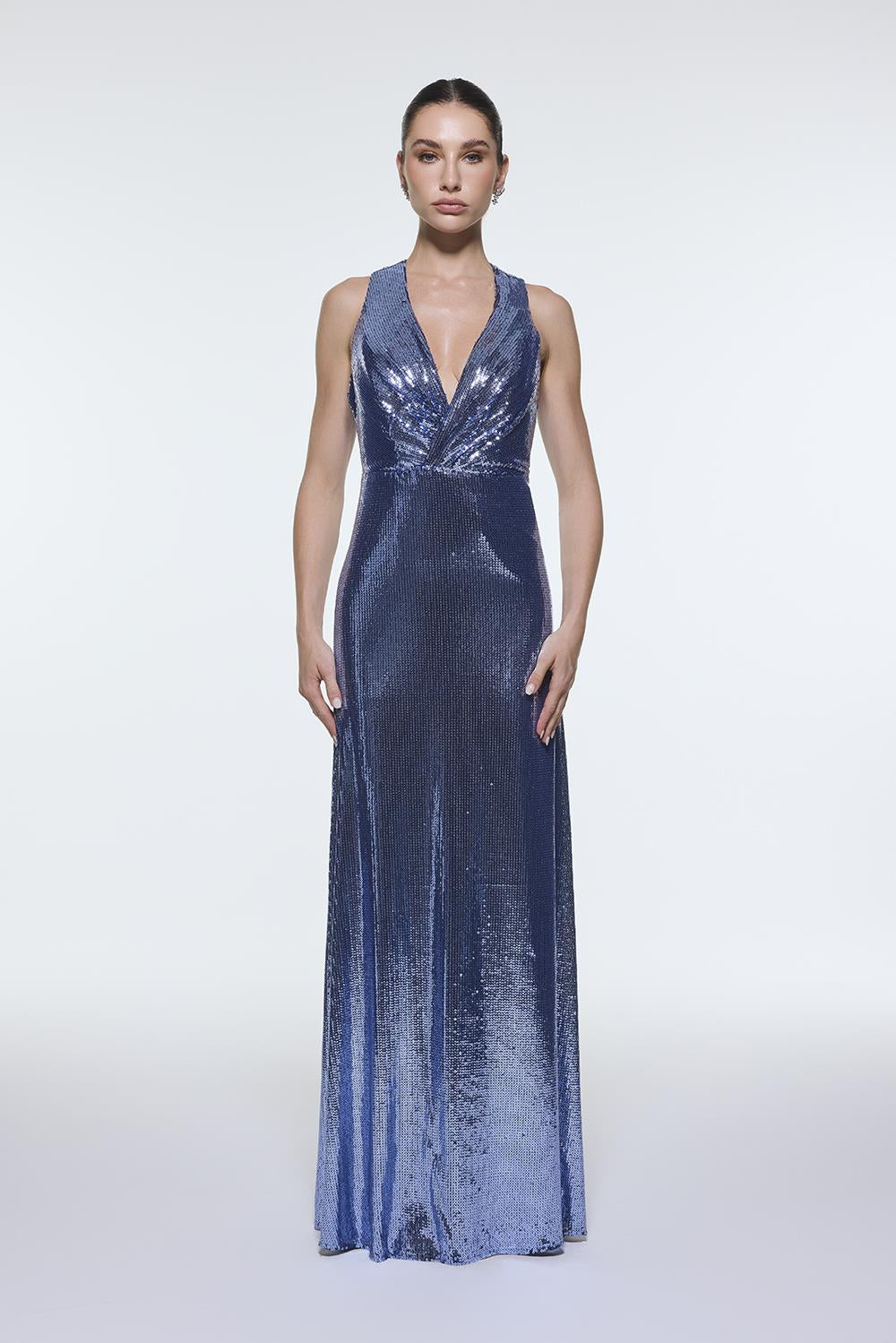 Sequin Long Evening Dress with Back Decollete Detail - 9201C