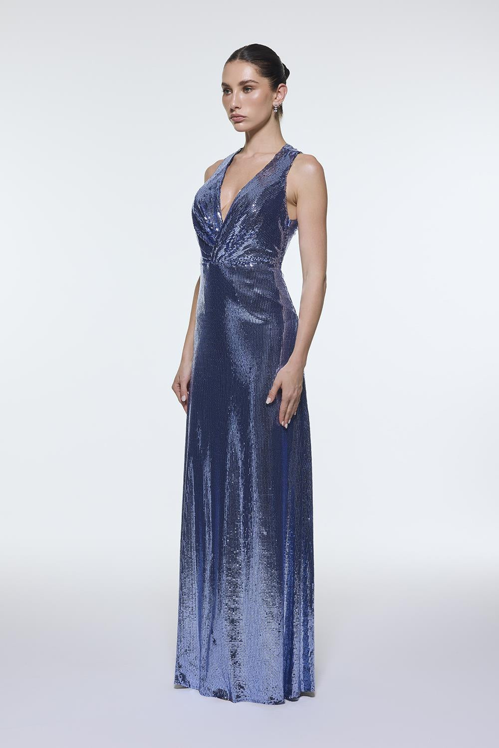 Sequin Long Evening Dress with Back Decollete Detail - 9201C