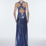 Sequin Long Evening Dress with Back Decollete Detail - 9201C