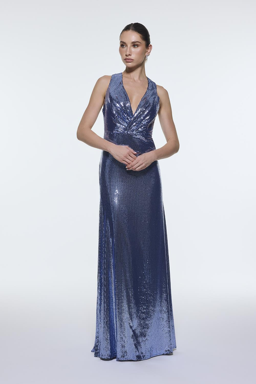 Sequin Long Evening Dress with Back Decollete Detail - 9201C