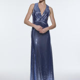 Sequin Long Evening Dress with Back Decollete Detail - 9201C