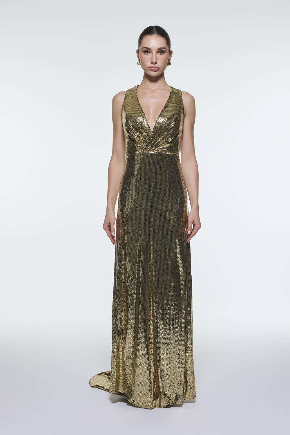 Sequin Long Evening Dress with Back Decollete Detail - 9201C