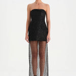 Straplez Altı Tül Boncuk Detaylı Abiye Elbise - 26053C - SİYAH