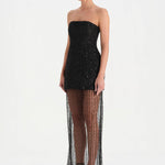 Straplez Altı Tül Boncuk Detaylı Abiye Elbise - 26053C - SİYAH