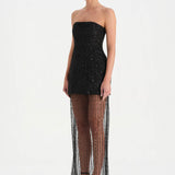 Straplez Altı Tül Boncuk Detaylı Abiye Elbise - 26053C - SİYAH