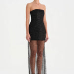 Straplez Altı Tül Boncuk Detaylı Abiye Elbise - 26053C - SİYAH