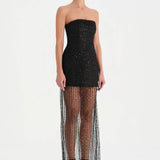 Straplez Altı Tül Boncuk Detaylı Abiye Elbise - 26053C - SİYAH