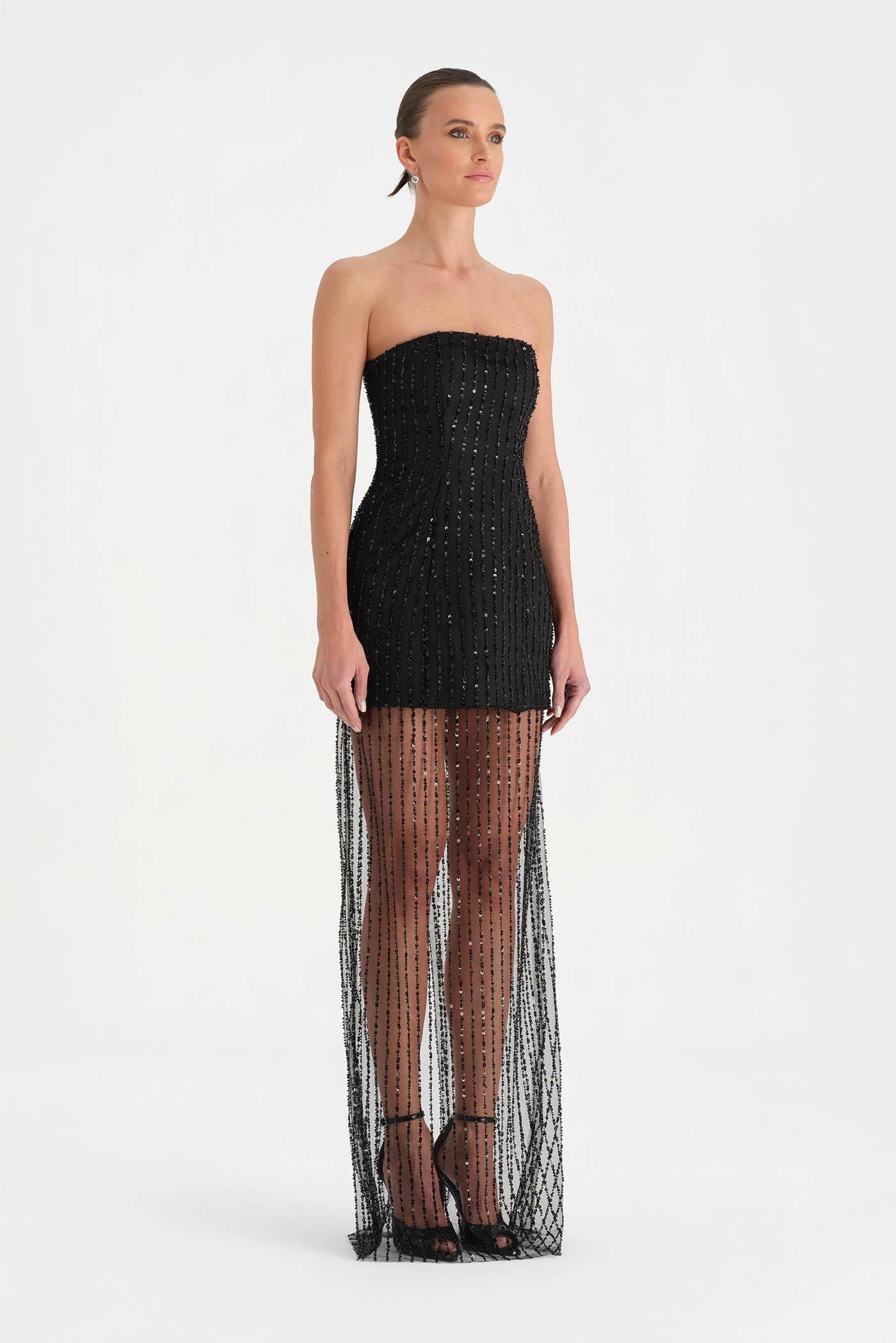 Straplez Altı Tül Boncuk Detaylı Abiye Elbise - 26053C - SİYAH