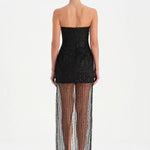 Straplez Altı Tül Boncuk Detaylı Abiye Elbise - 26053C - SİYAH