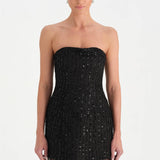 Straplez Altı Tül Boncuk Detaylı Abiye Elbise - 26053C - SİYAH