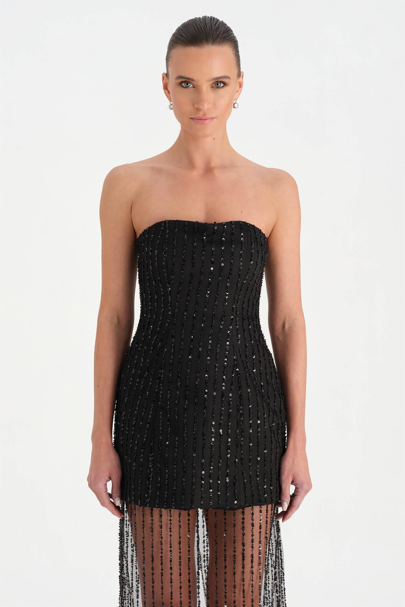 Straplez Altı Tül Boncuk Detaylı Abiye Elbise - 26053C - SİYAH