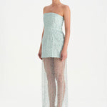 Straplez Altı Tül Boncuk Detaylı Abiye Elbise - 26053C - MİNT