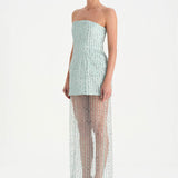 Straplez Altı Tül Boncuk Detaylı Abiye Elbise - 26053C - MİNT