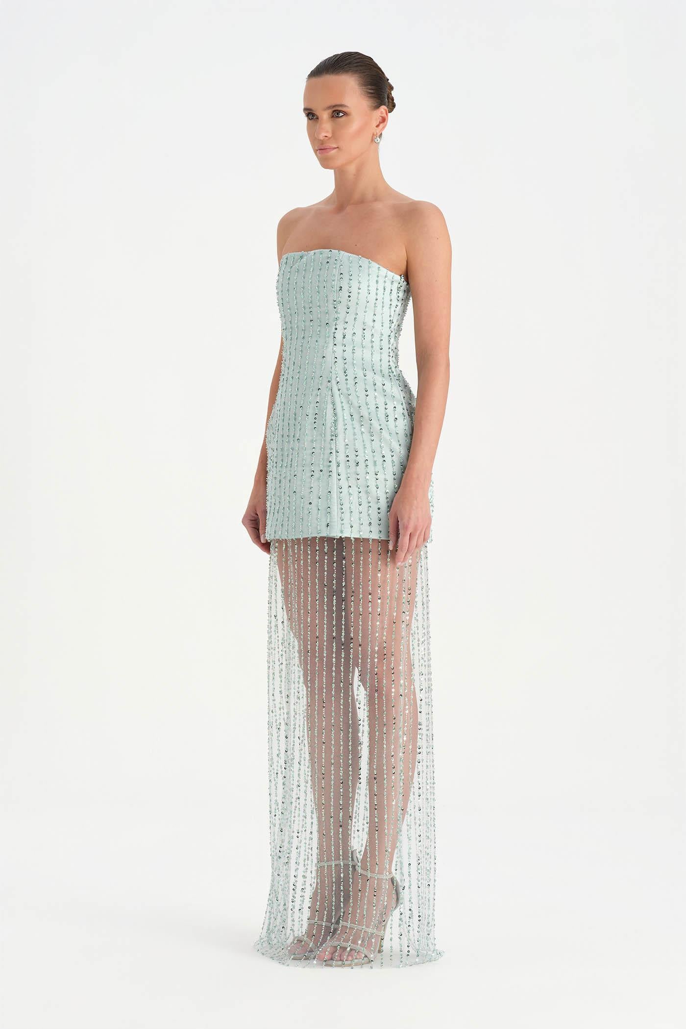 Straplez Altı Tül Boncuk Detaylı Abiye Elbise - 26053C - MİNT