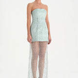 Straplez Altı Tül Boncuk Detaylı Abiye Elbise - 26053C - MİNT