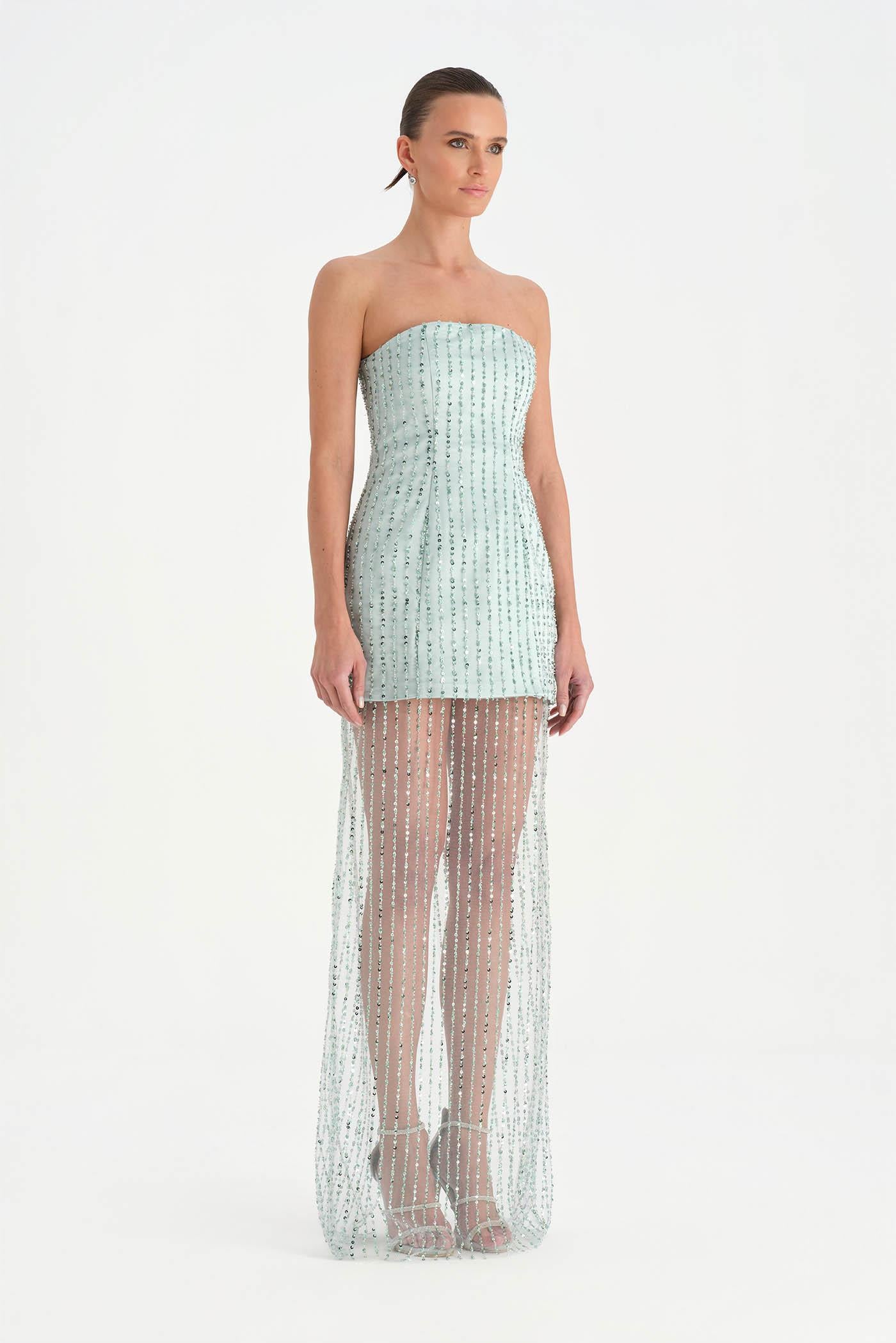 Straplez Altı Tül Boncuk Detaylı Abiye Elbise - 26053C - MİNT