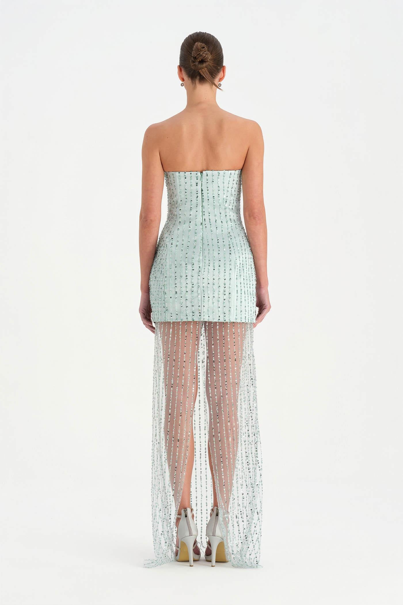 Straplez Altı Tül Boncuk Detaylı Abiye Elbise - 26053C - MİNT