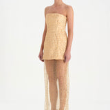 Straplez Altı Tül Boncuk Detaylı Abiye Elbise - 26053C - GOLD