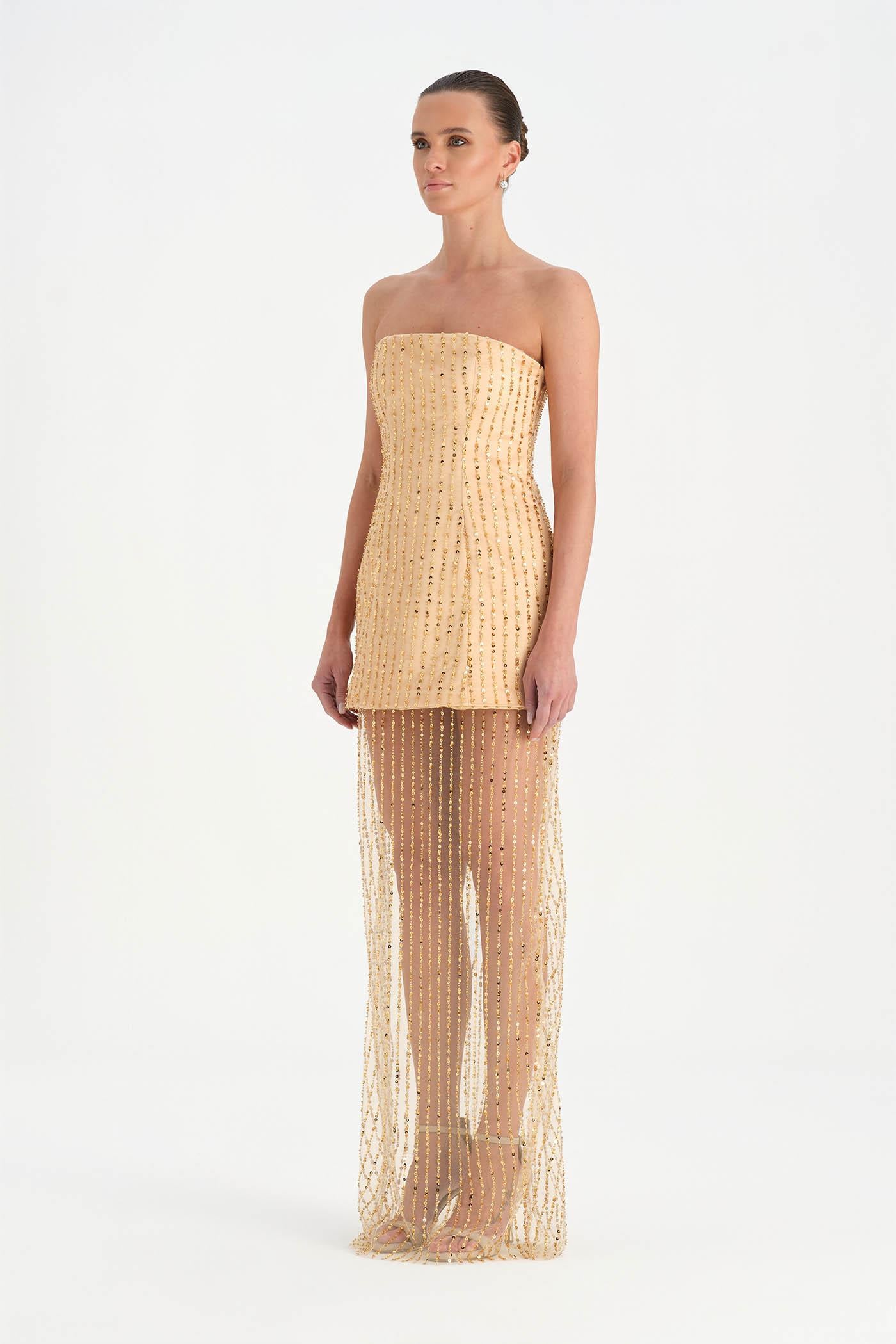 Straplez Altı Tül Boncuk Detaylı Abiye Elbise - 26053C - GOLD