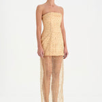 Straplez Altı Tül Boncuk Detaylı Abiye Elbise - 26053C - GOLD