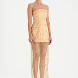 Straplez Altı Tül Boncuk Detaylı Abiye Elbise - 26053C - GOLD