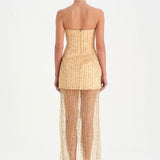 Straplez Altı Tül Boncuk Detaylı Abiye Elbise - 26053C - GOLD