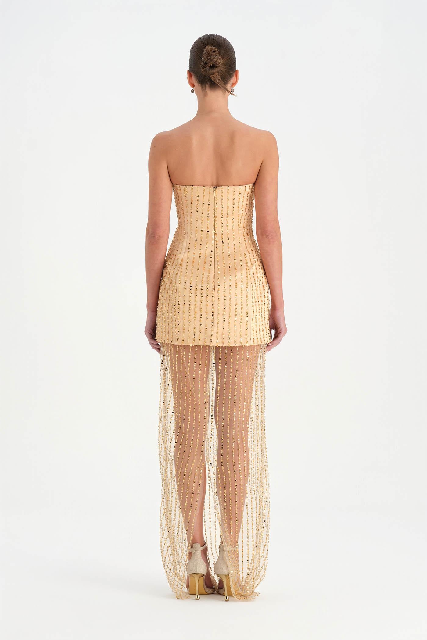 Straplez Altı Tül Boncuk Detaylı Abiye Elbise - 26053C - GOLD