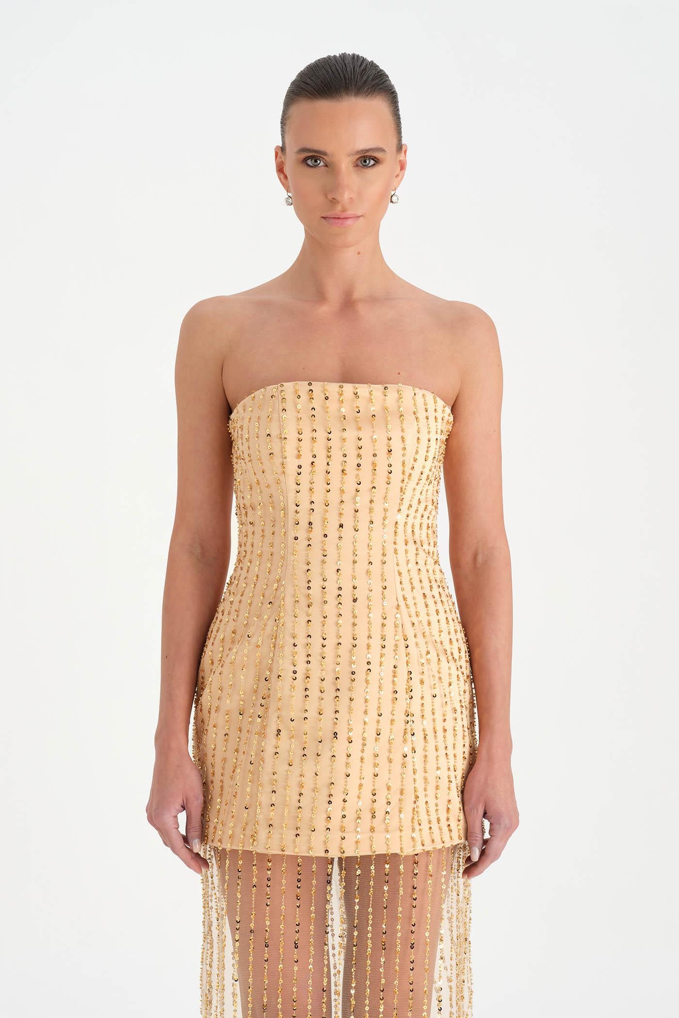 Straplez Altı Tül Boncuk Detaylı Abiye Elbise - 26053C - GOLD