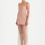 Straplez Altı Tül Boncuk Detaylı Abiye Elbise - 26053C - PUDRA