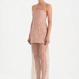Straplez Altı Tül Boncuk Detaylı Abiye Elbise - 26053C - PUDRA