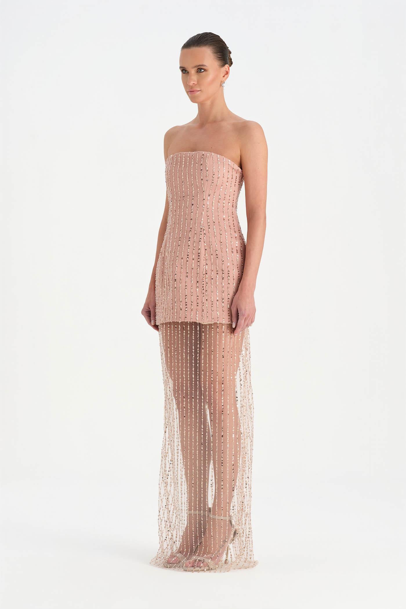 Straplez Altı Tül Boncuk Detaylı Abiye Elbise - 26053C - PUDRA