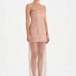 Straplez Altı Tül Boncuk Detaylı Abiye Elbise - 26053C - PUDRA