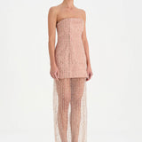 Straplez Altı Tül Boncuk Detaylı Abiye Elbise - 26053C - PUDRA