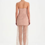 Straplez Altı Tül Boncuk Detaylı Abiye Elbise - 26053C - PUDRA