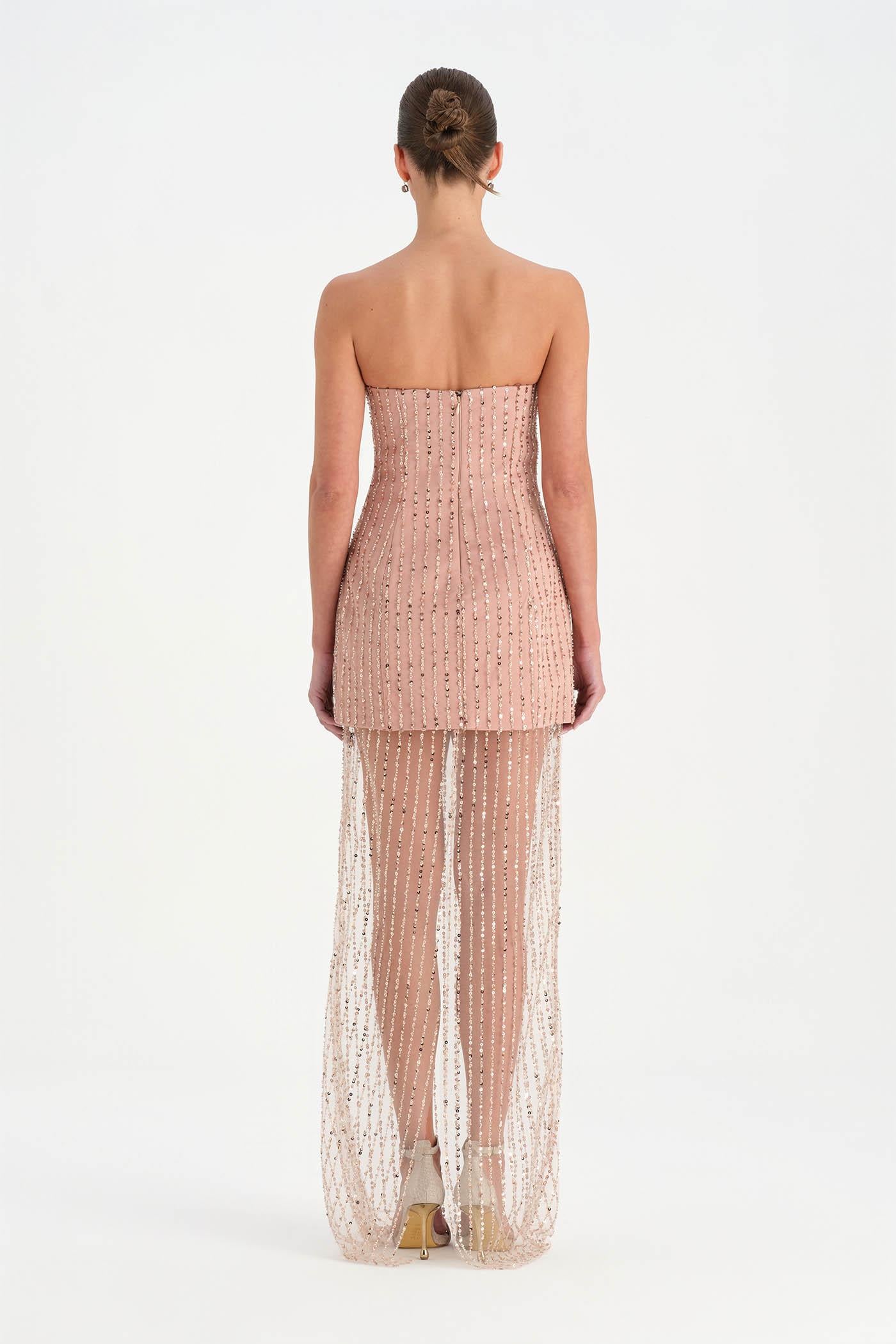 Straplez Altı Tül Boncuk Detaylı Abiye Elbise - 26053C - PUDRA