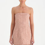 Straplez Altı Tül Boncuk Detaylı Abiye Elbise - 26053C - PUDRA