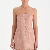 Straplez Altı Tül Boncuk Detaylı Abiye Elbise - 26053C - PUDRA