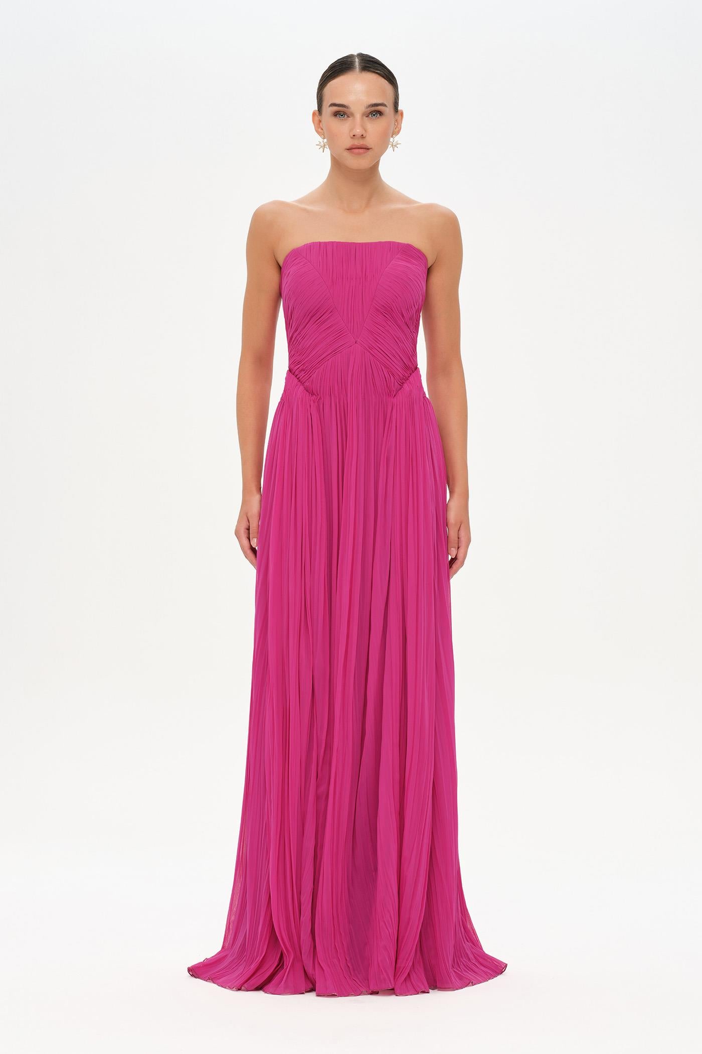 Straplez Drape Detaylı Şık Abiye Elbise - 26058C