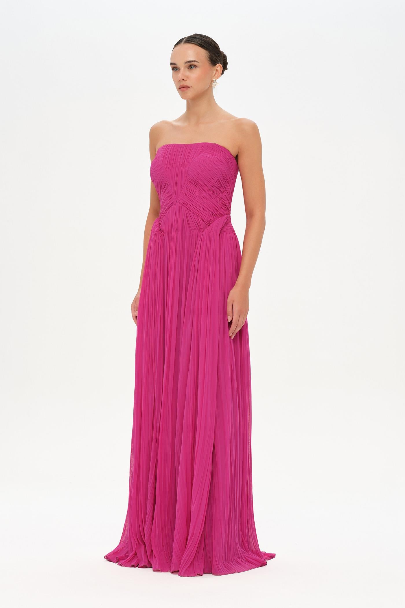 Straplez Drape Detaylı Şık Abiye Elbise - 26058C