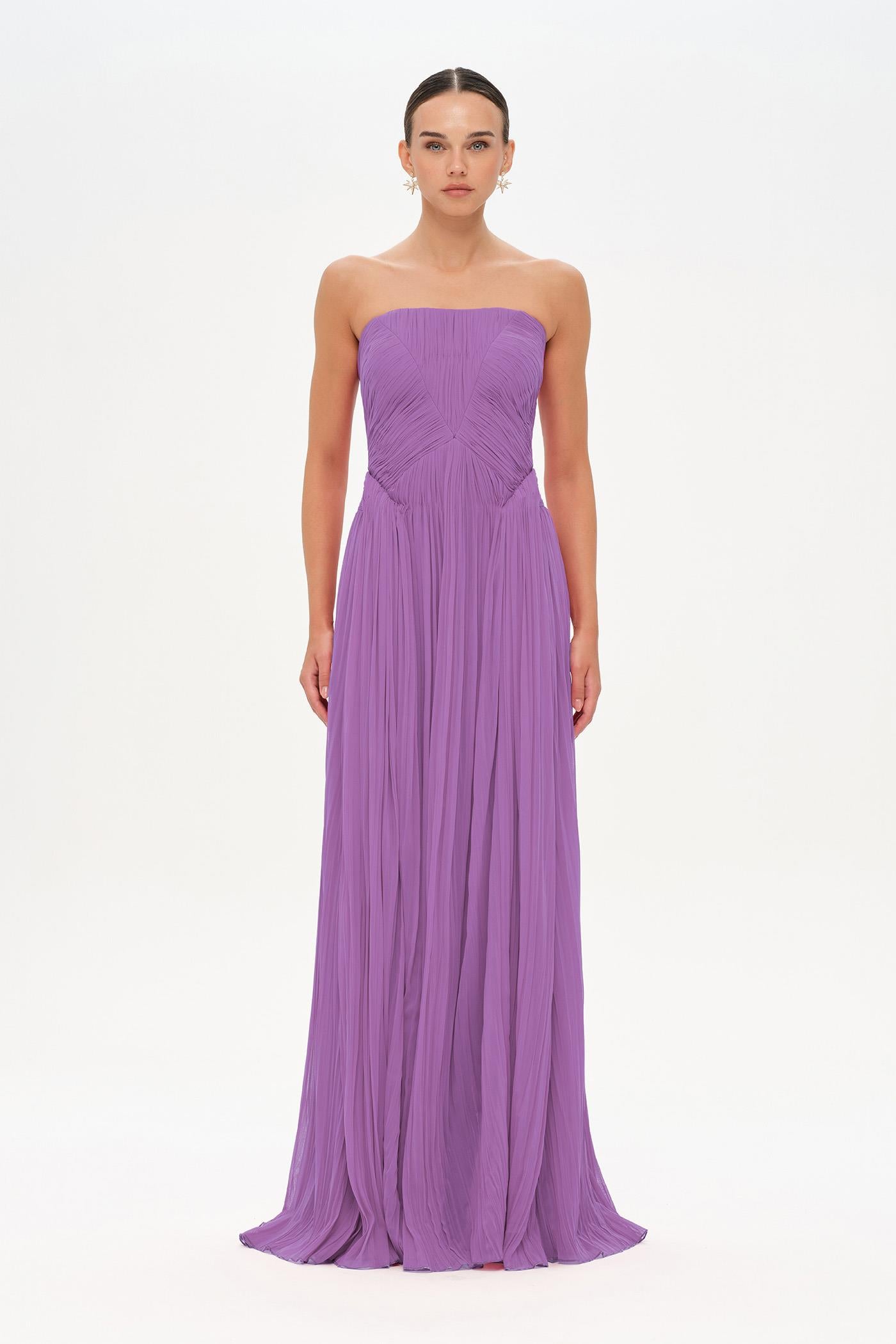 Straplez Drape Detaylı Şık Abiye Elbise - 26058C