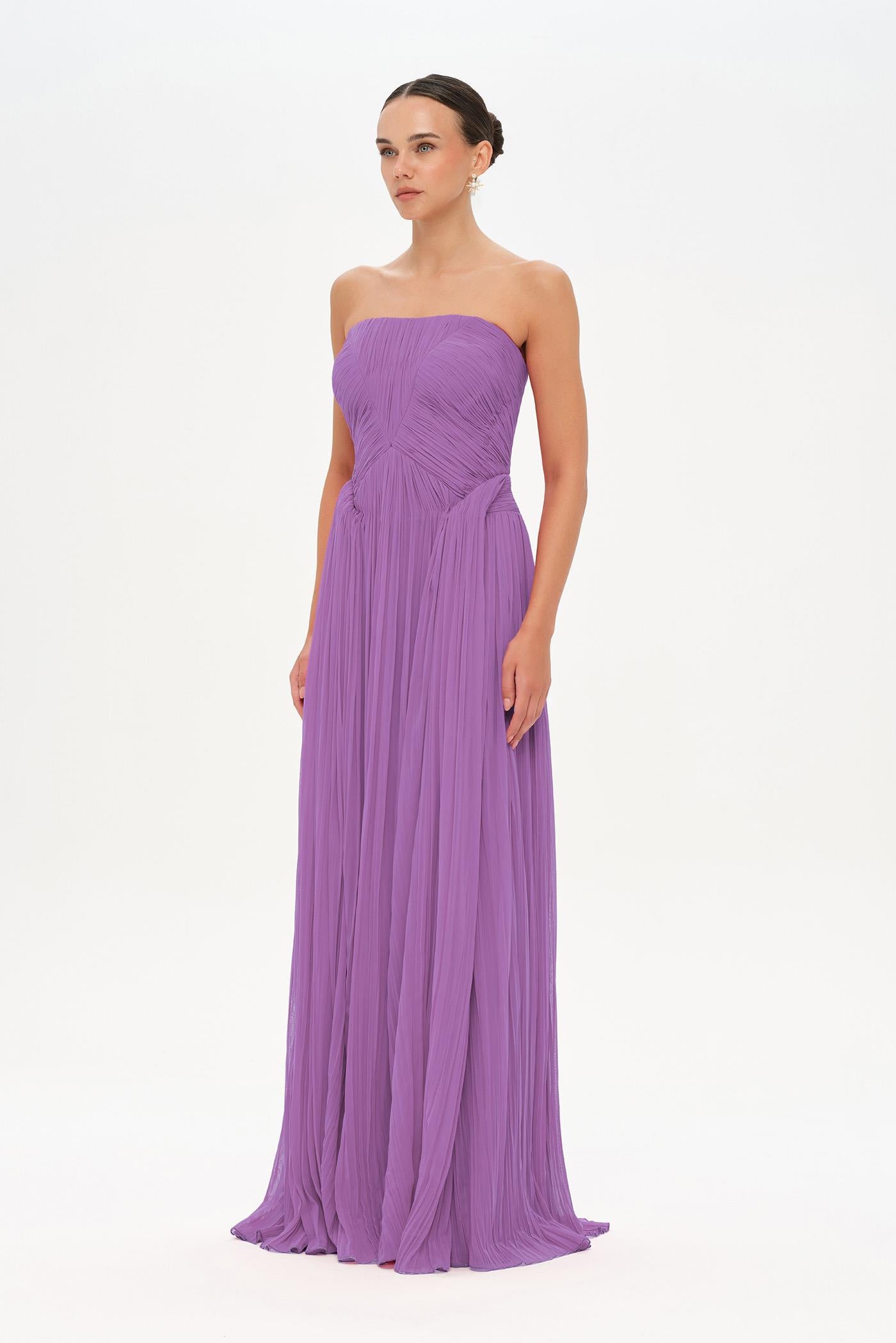 Straplez Drape Detaylı Şık Abiye Elbise - 26058C