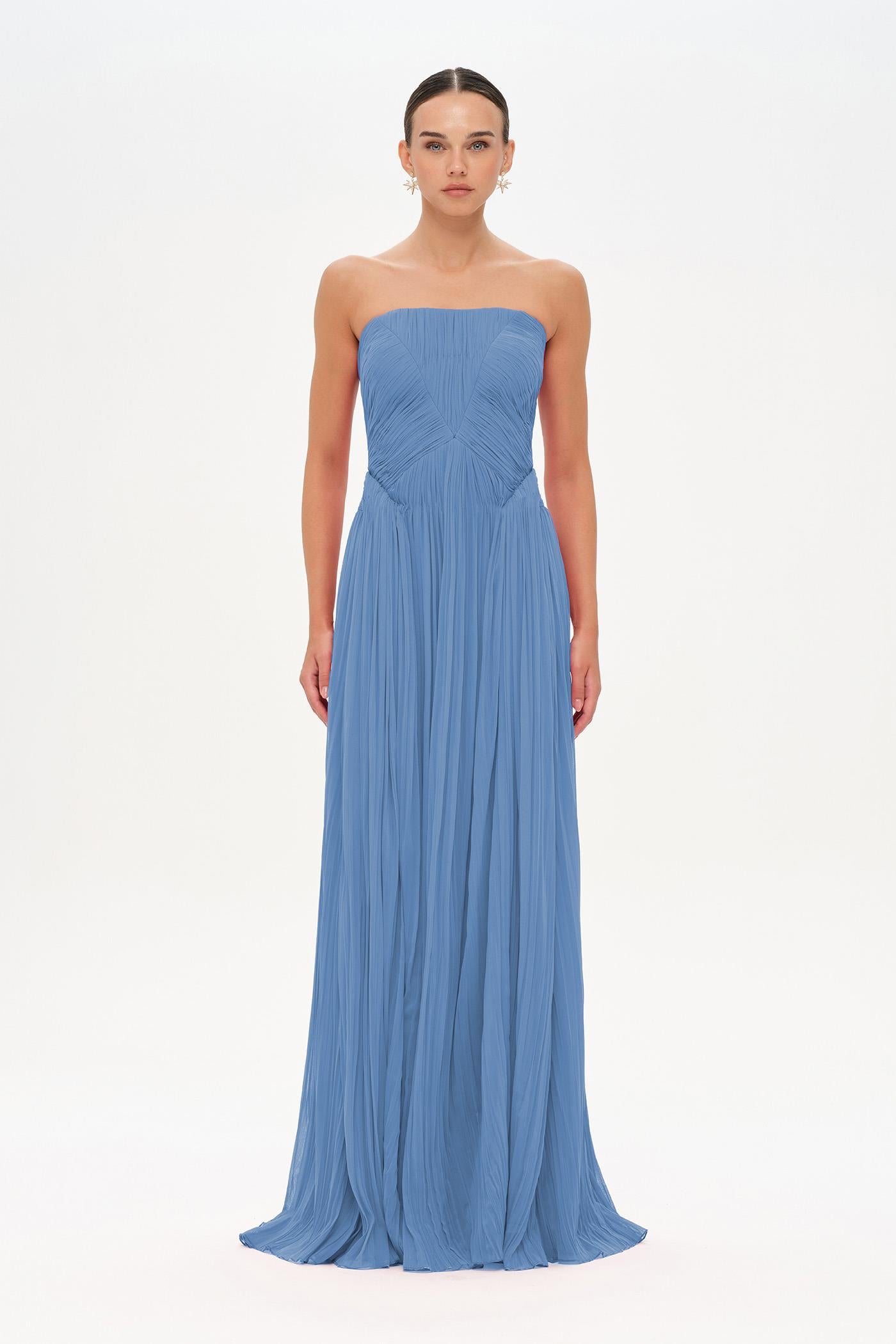 Straplez Drape Detaylı Şık Abiye Elbise - 26058C