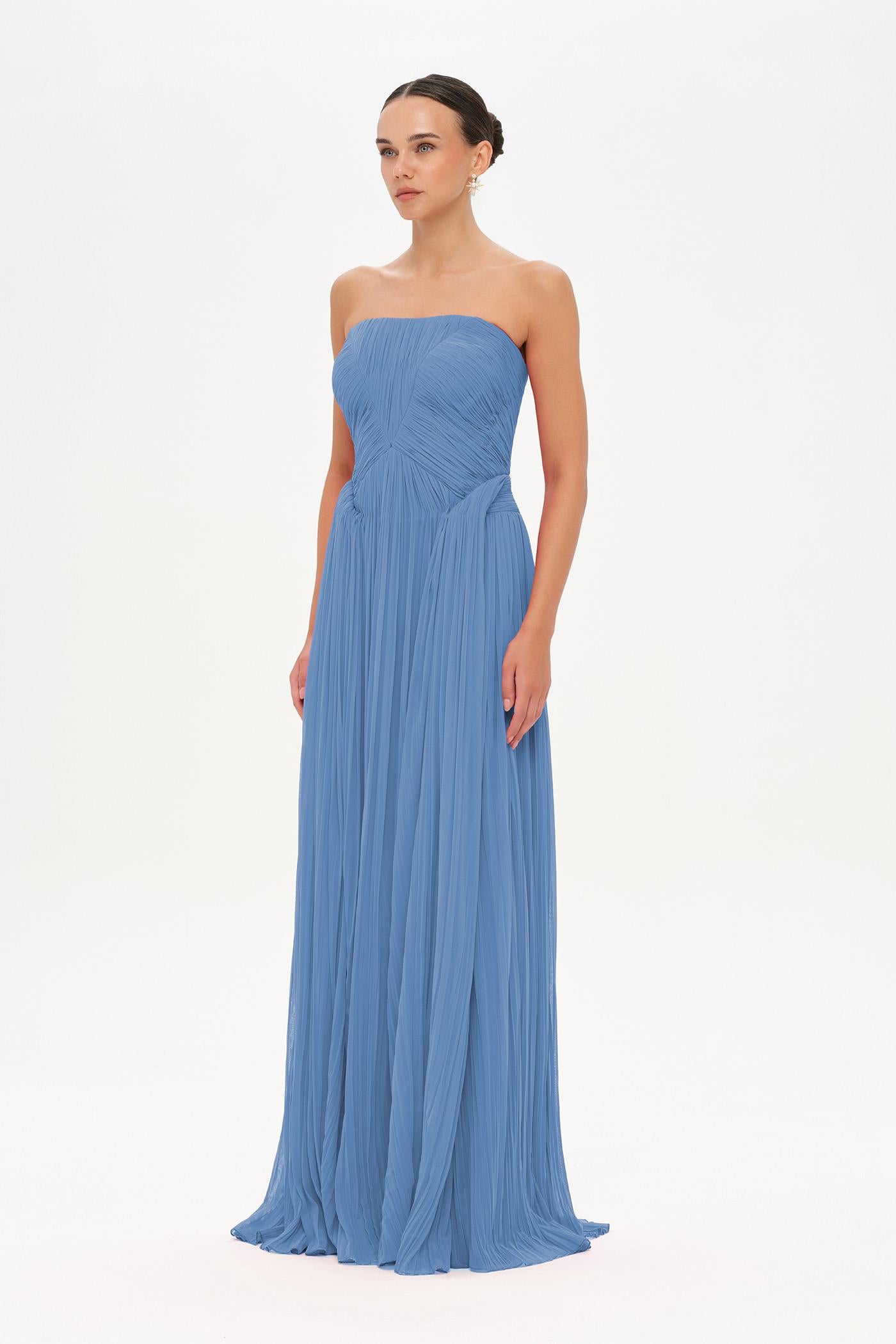 Straplez Drape Detaylı Şık Abiye Elbise - 26058C