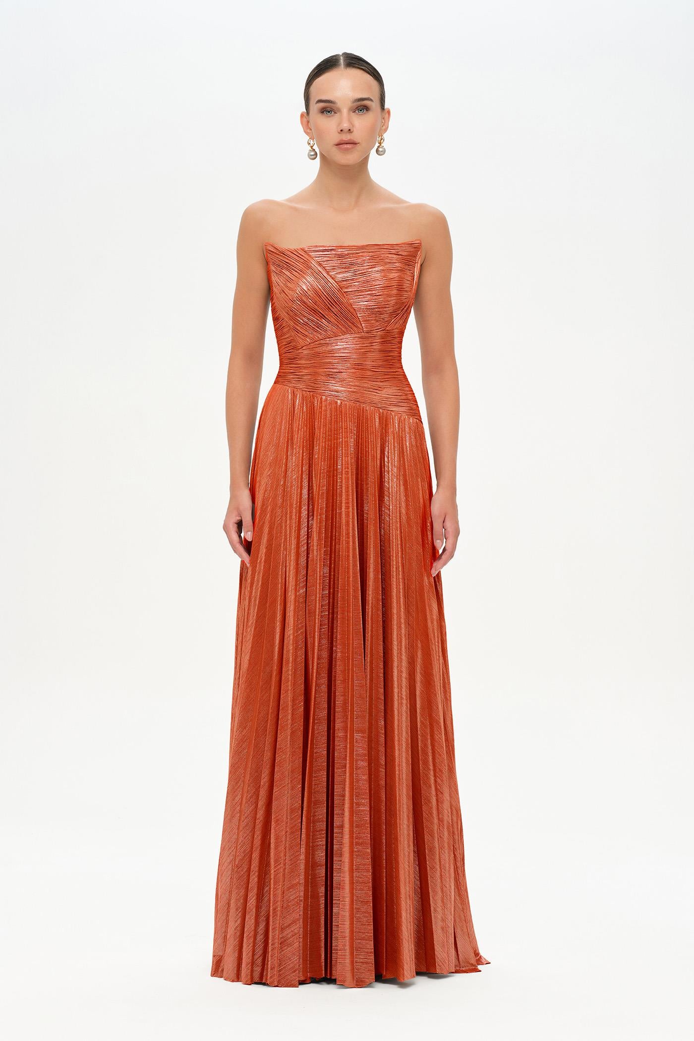 Straplez Drape ve Plise Detaylı Şık Abiye Elbise - 26078C