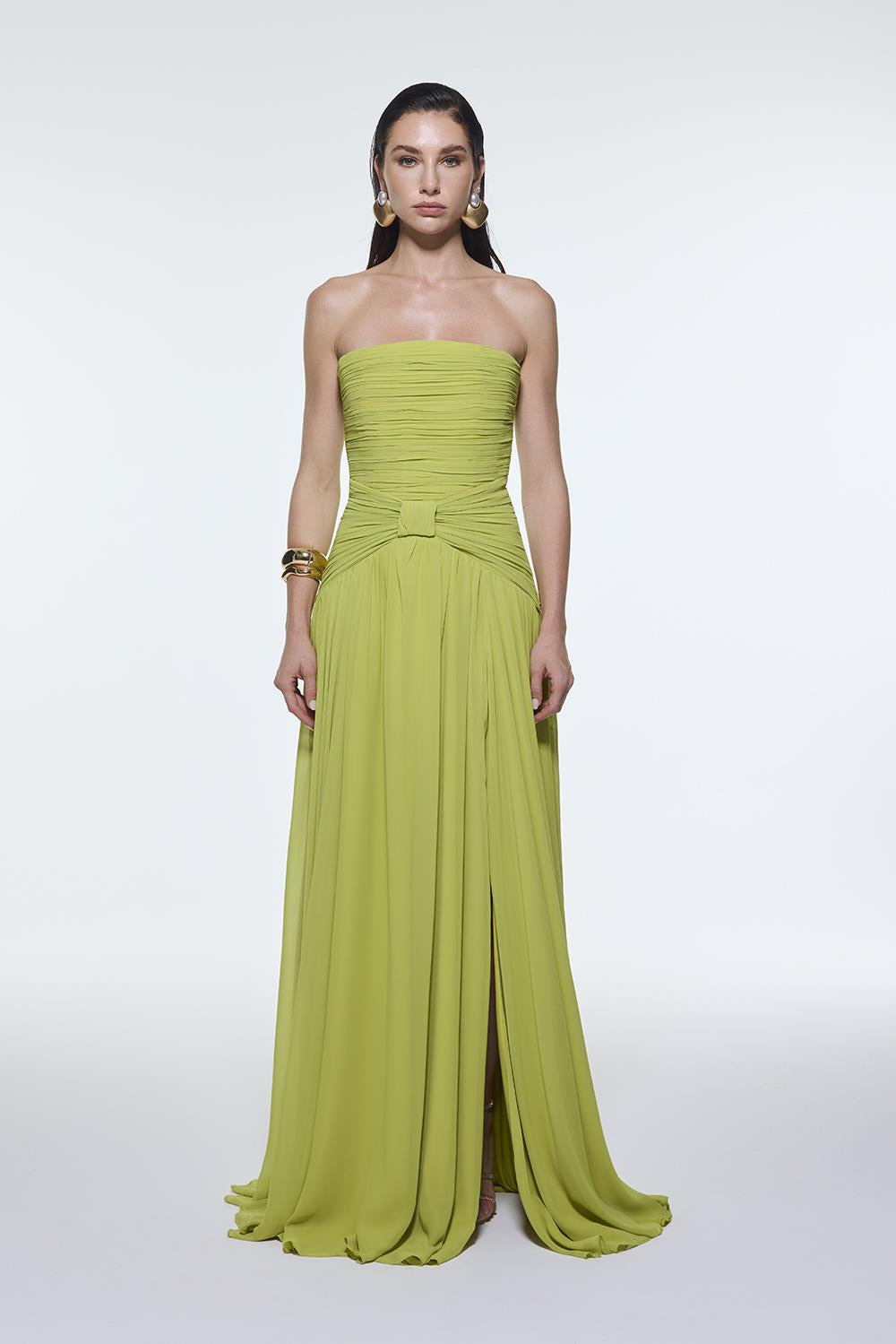 Strapless Collar Waist Draped Chiffon Long Evening Dress - 9288C