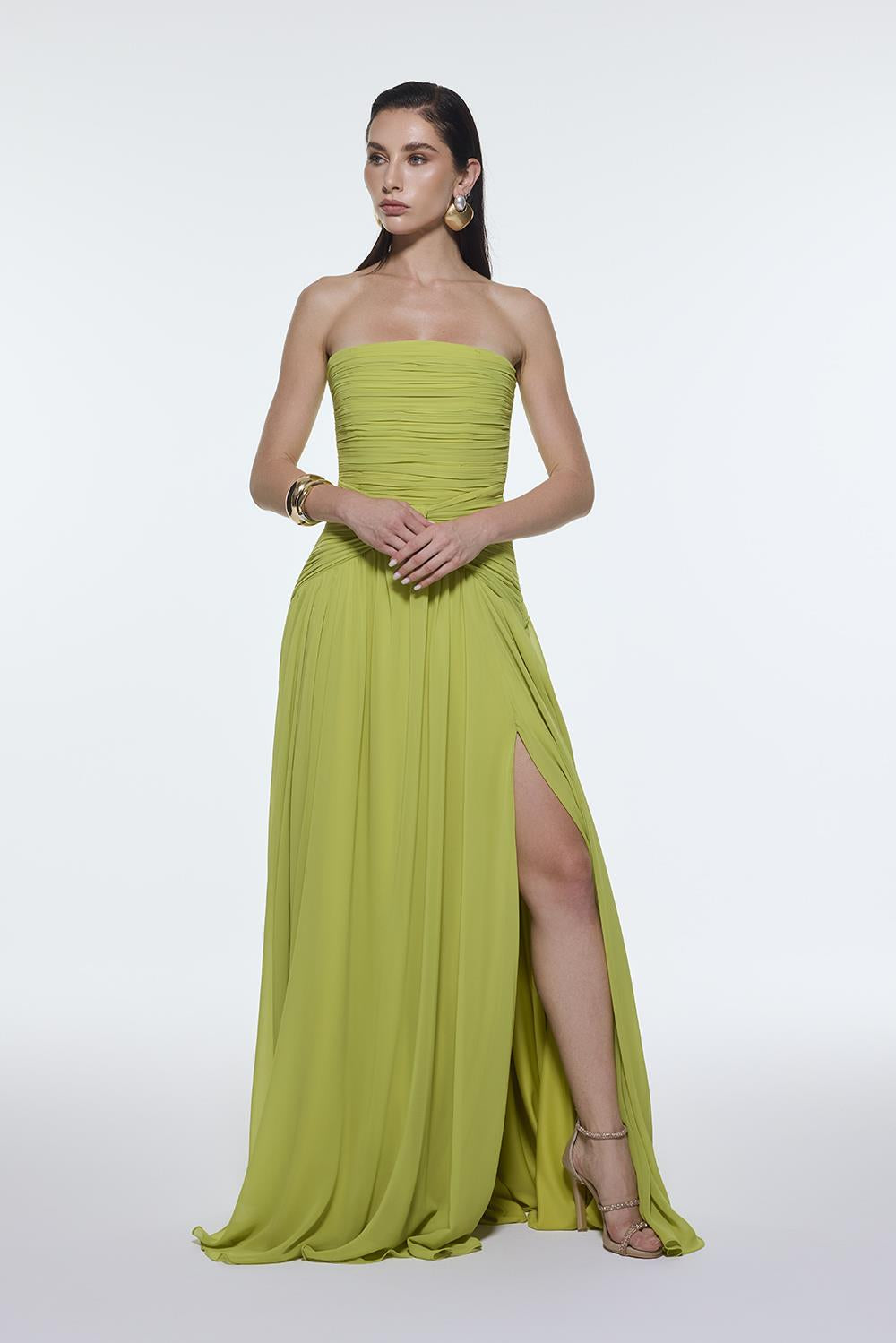 Strapless Collar Waist Draped Chiffon Long Evening Dress - 9288C