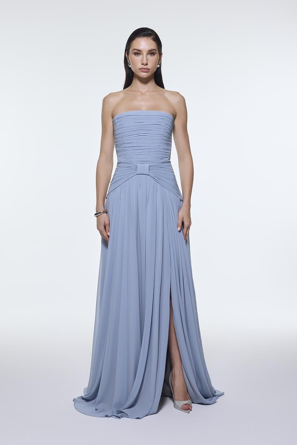 Strapless Collar Waist Draped Chiffon Long Evening Dress - 9288C